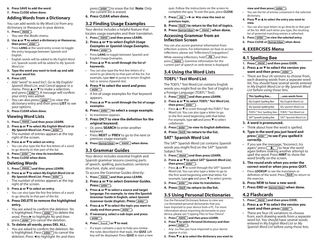 Franklin BES-2110 Finding Usage Examples, Grammar Guides, Using the Word Lists, Using Personal Dictionaries, Spelling Bee 