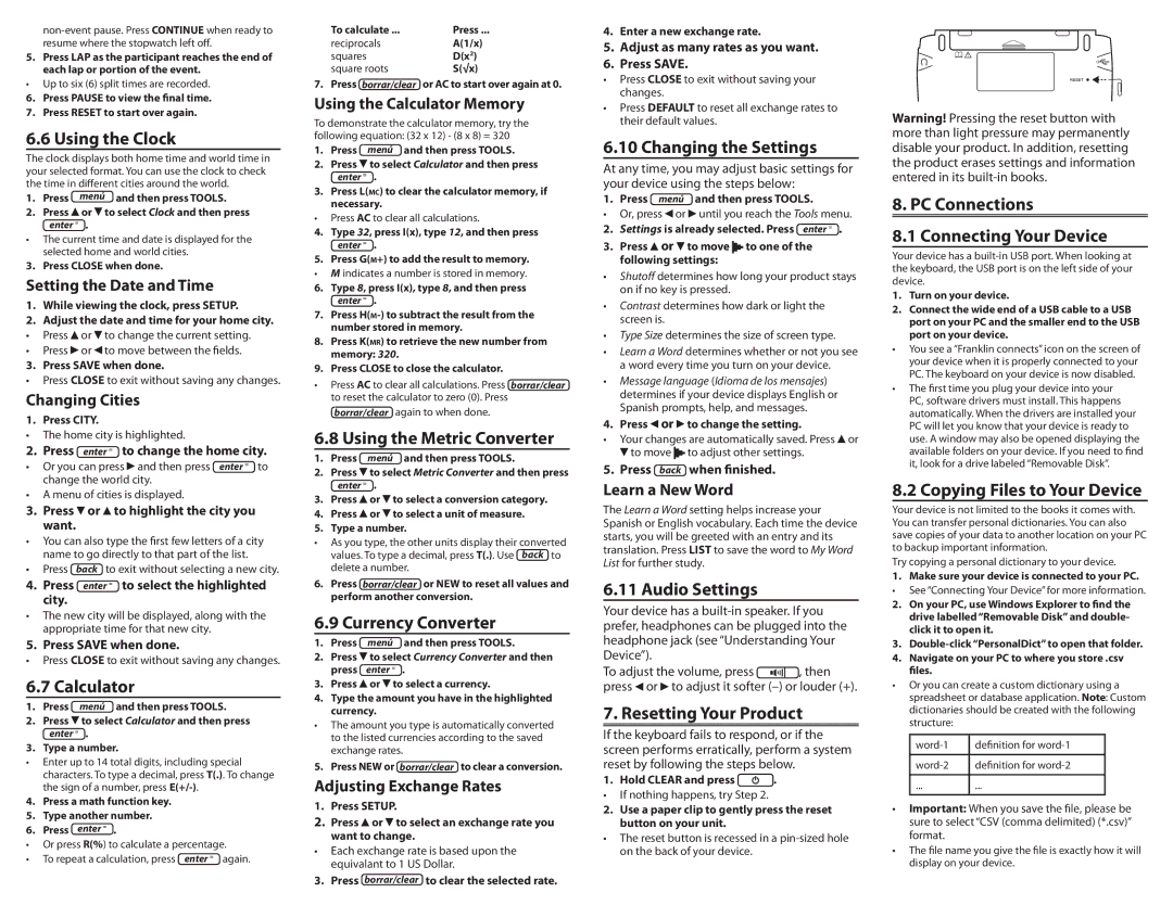 Franklin BES-2110 manual Using the Clock, Calculator, Using the Metric Converter, Currency Converter, Changing the Settings 