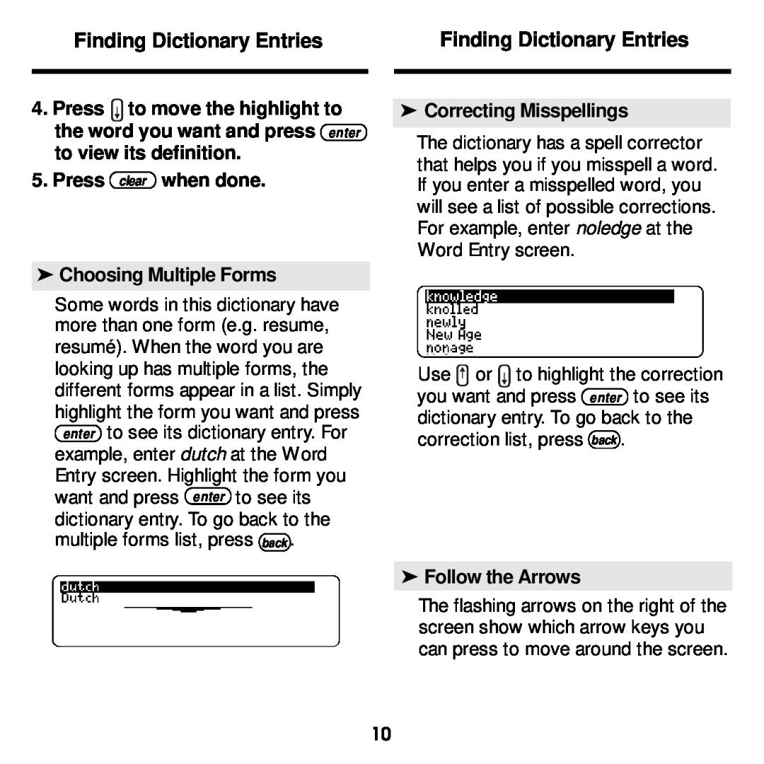 Franklin MWD-1440 manual Finding Dictionary Entries, Press clear when done Choosing Multiple Forms, Correcting Misspellings 