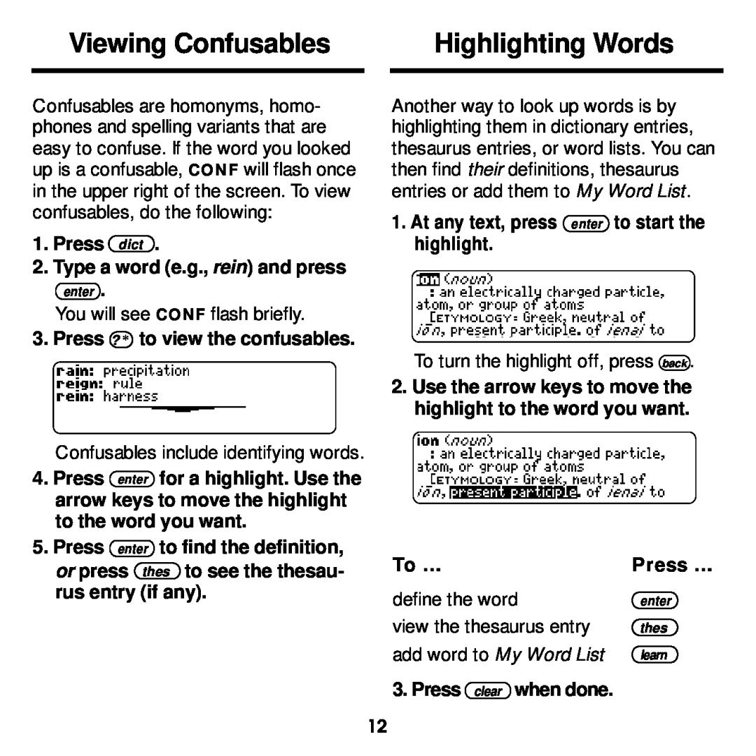 Franklin MWD-1440 Viewing Confusables, Highlighting Words, Press dict 2.Type a word e.g., rein and press, To …, Press … 