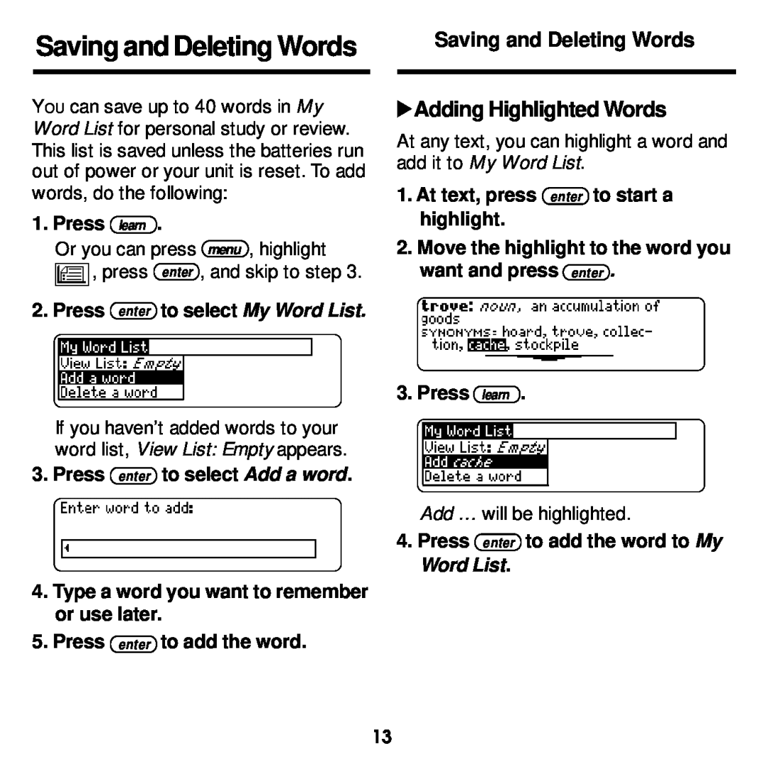 Franklin MWD-1440 Saving and Deleting Words, Adding Highlighted Words, Press learn, Press enter to select My Word List 