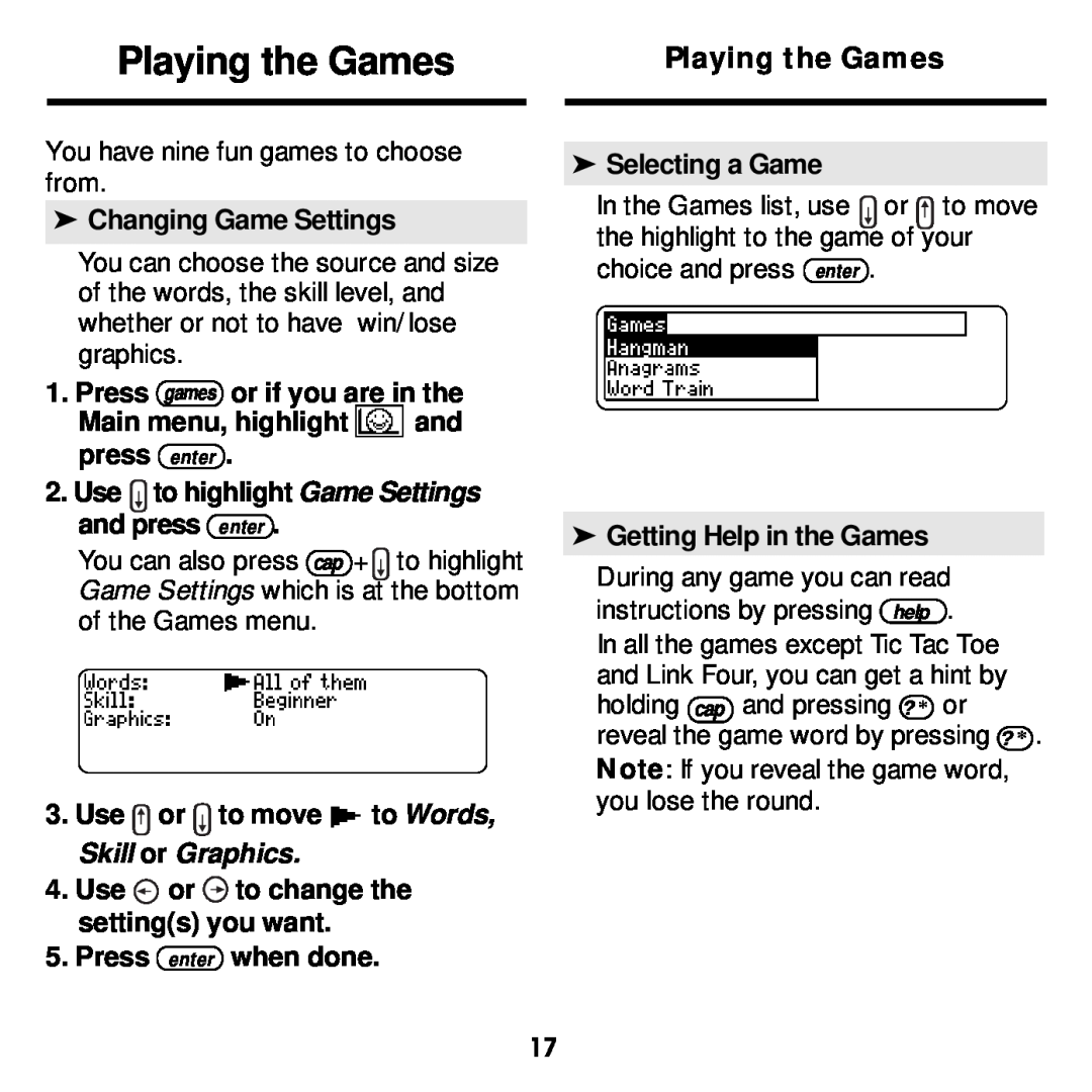 Franklin MWD-1440 manual Playing the Games, Changing Game Settings, Press games or if you are in the, Press enter when done 