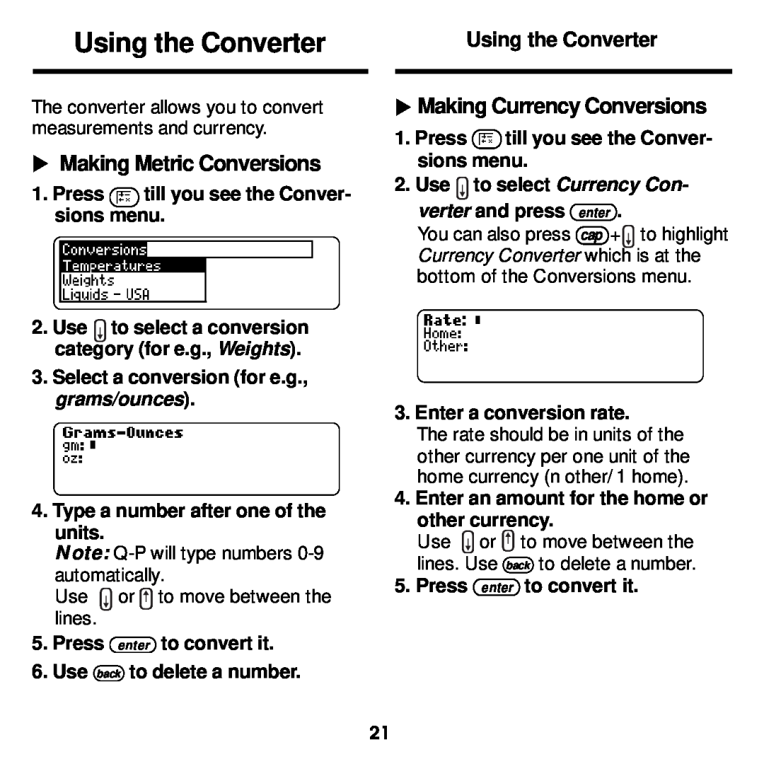 Franklin MWD-1440 Using the Converter, Making Currency Conversions, Making Metric Conversions, Press enter to convert it 