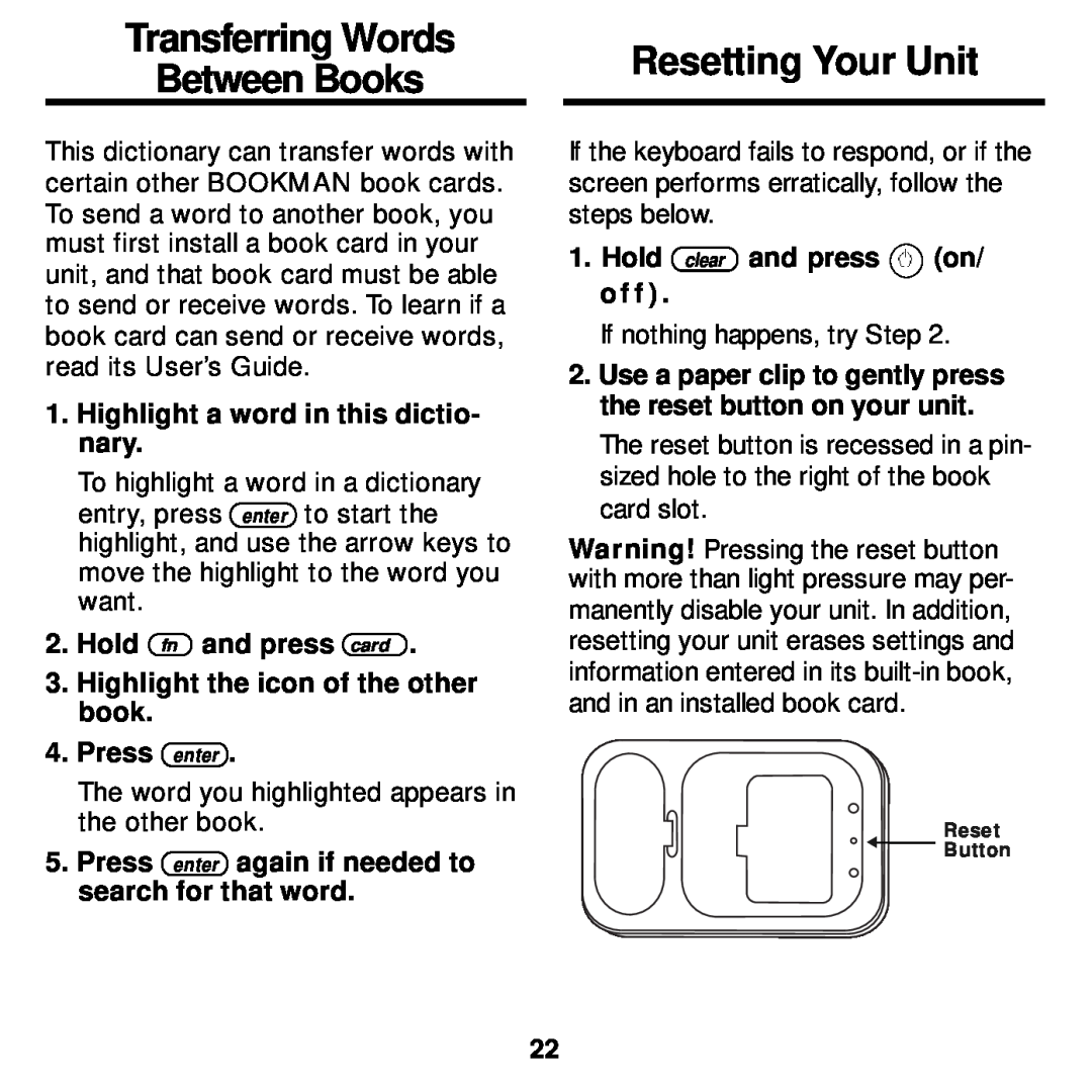 Franklin MWD-1440 manual Transferring Words Between Books, Resetting Your Unit, Highlight a word in this dictio- nary 