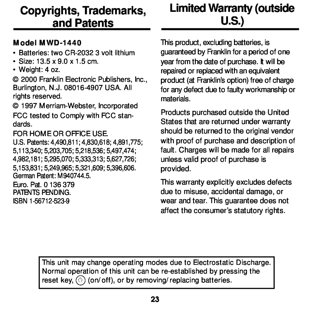 Franklin manual Copyrights, Trademarks and Patents, Limited Warranty outside U.S, Model MWD-1440 
