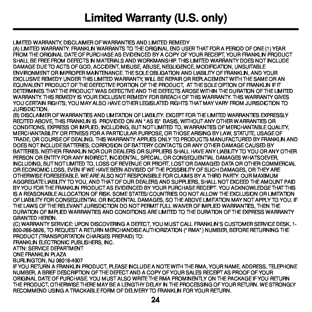 Franklin MWD-1440 manual Limited Warranty U.S. only 