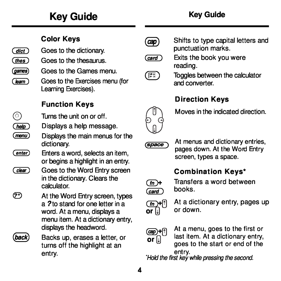 Franklin MWD-1440 manual Key Guide, Color Keys, Function Keys, Direction Keys, Combination Keys 
