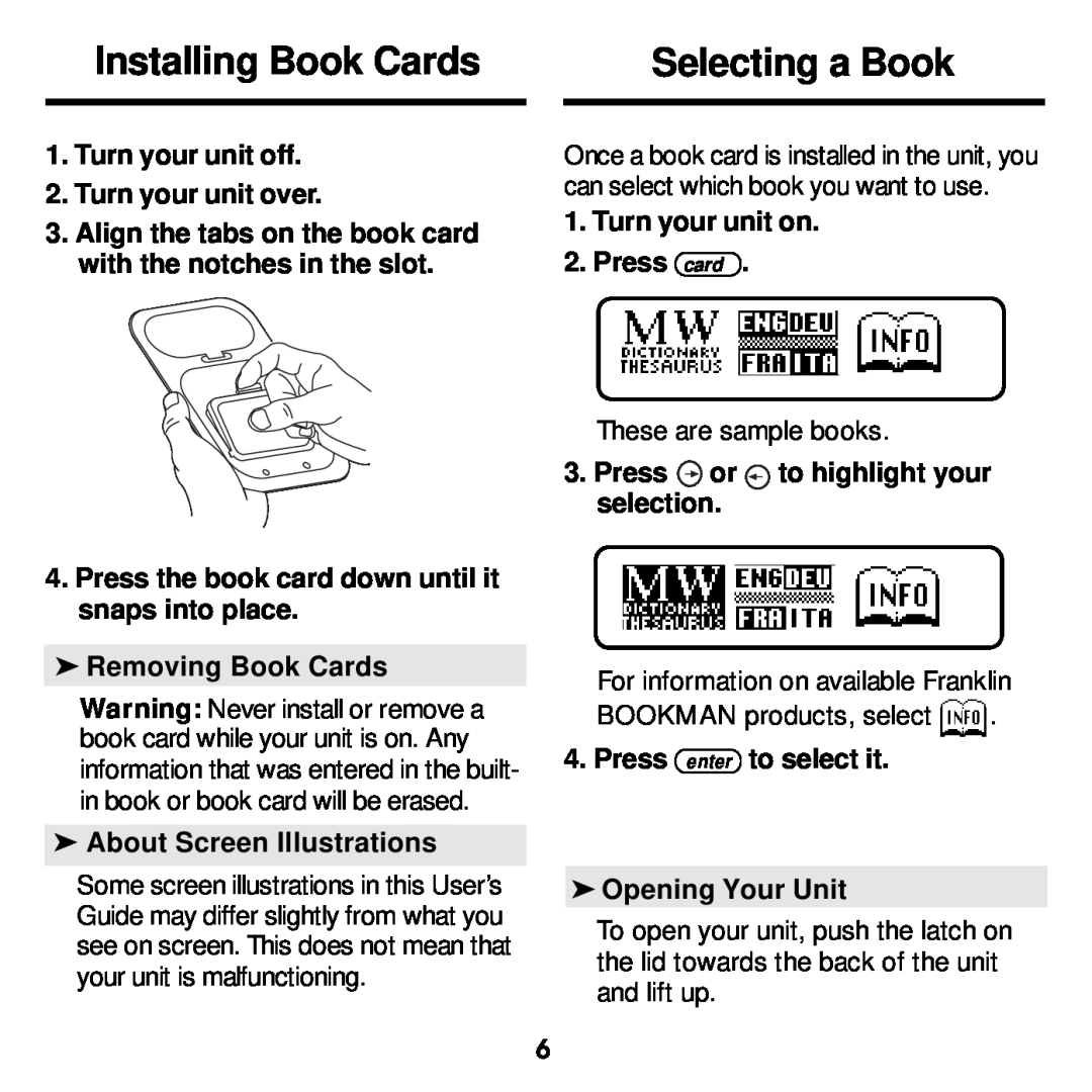 Franklin MWD-1440 Installing Book Cards, Selecting a Book, Turn your unit off 2.Turn your unit over, Removing Book Cards 