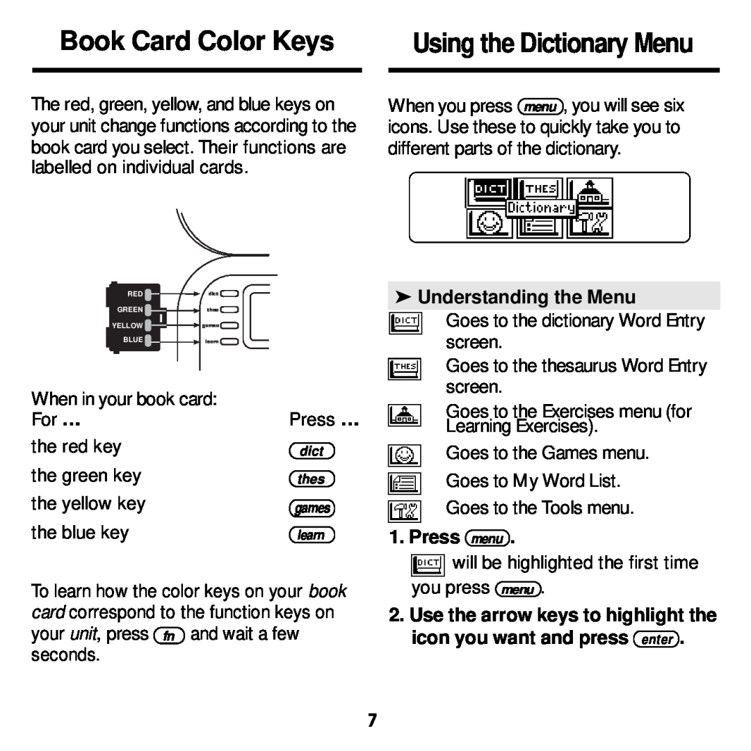 Franklin MWD-1440 manual Book Card Color Keys, Using the Dictionary Menu, Understanding the Menu, Press menu 
