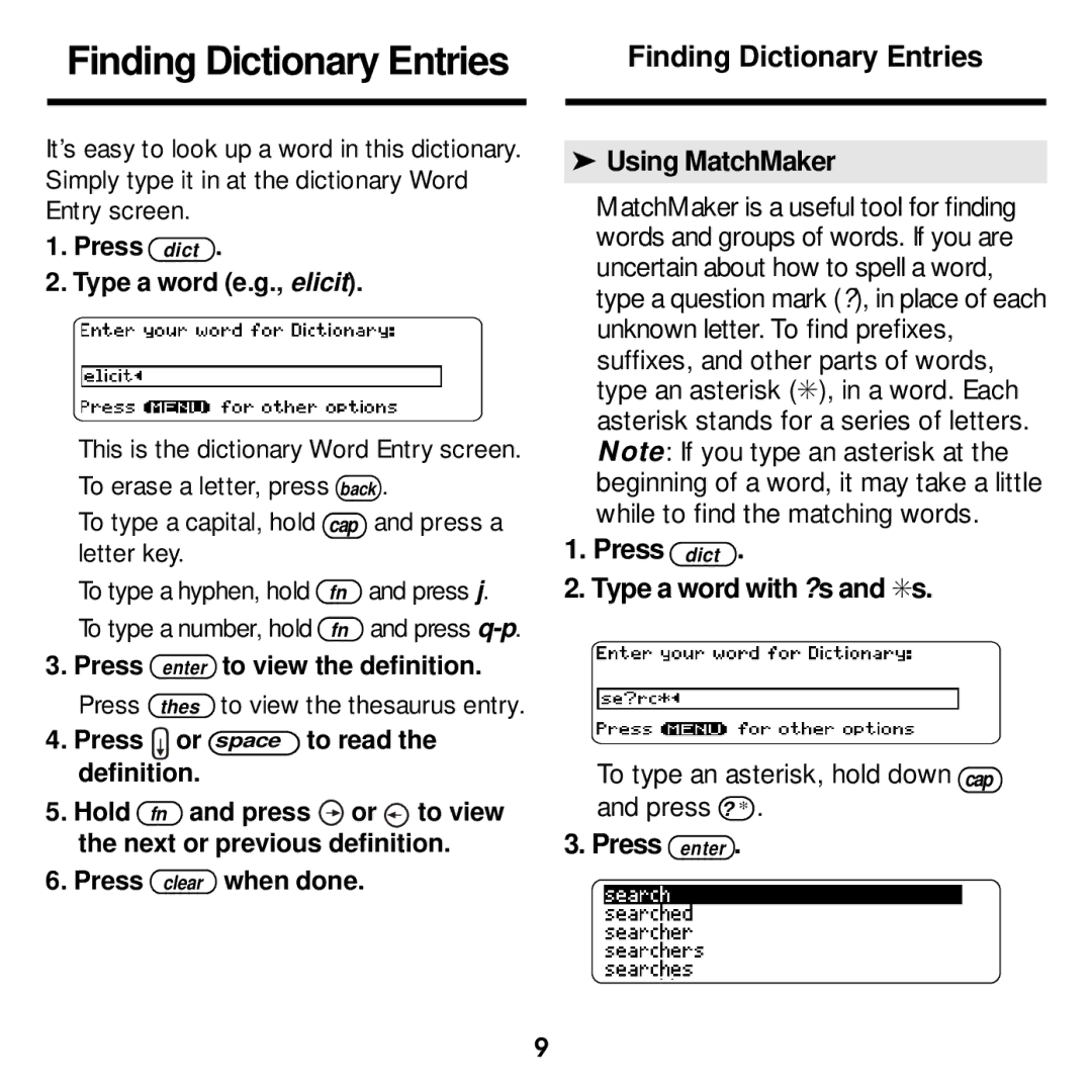 Franklin MWD-1440 manual Finding Dictionary Entries 