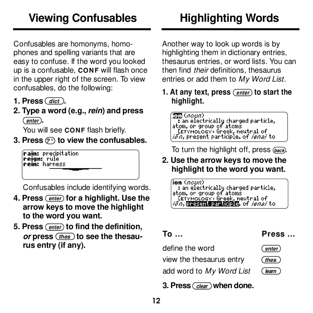 Franklin MWD-1440 manual Viewing Confusables Highlighting Words, Press dict Type a word e.g., rein and press 