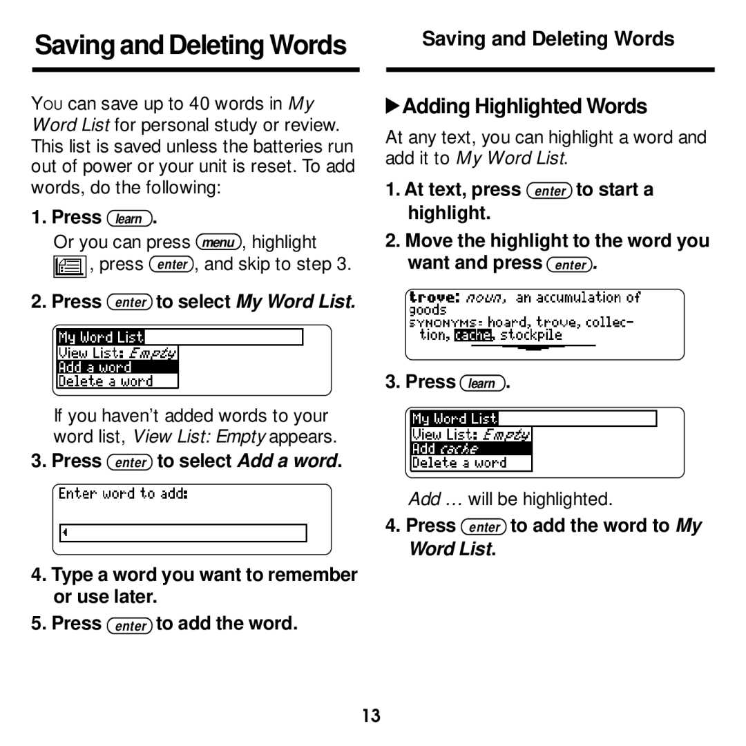 Franklin MWD-1440 manual Saving and Deleting Words, Adding Highlighted Words 