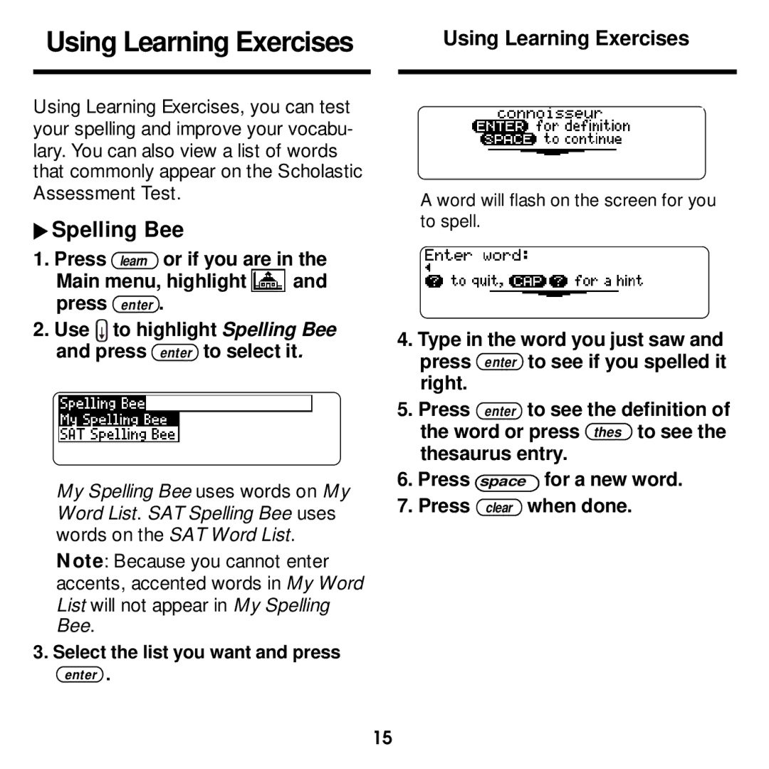 Franklin MWD-1440 manual Using Learning Exercises, Spelling Bee 