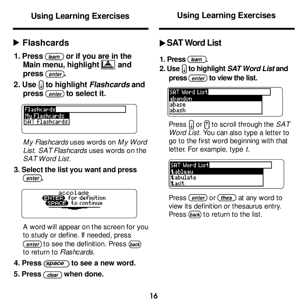 Franklin MWD-1440 manual SAT Word List, Use to highlight Flashcards and press enter to select it 