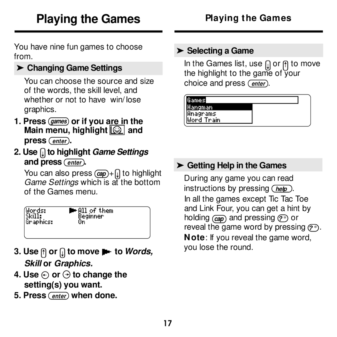 Franklin MWD-1440 manual Playing the Games, Changing Game Settings, Selecting a Game, Getting Help in the Games 