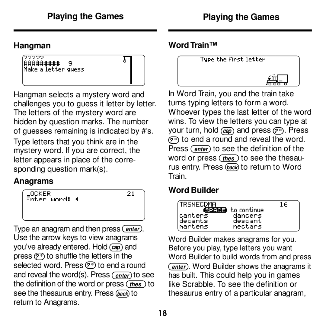 Franklin MWD-1440 manual Playing the Games, Hangman, Anagrams, Word Train, Word Builder 