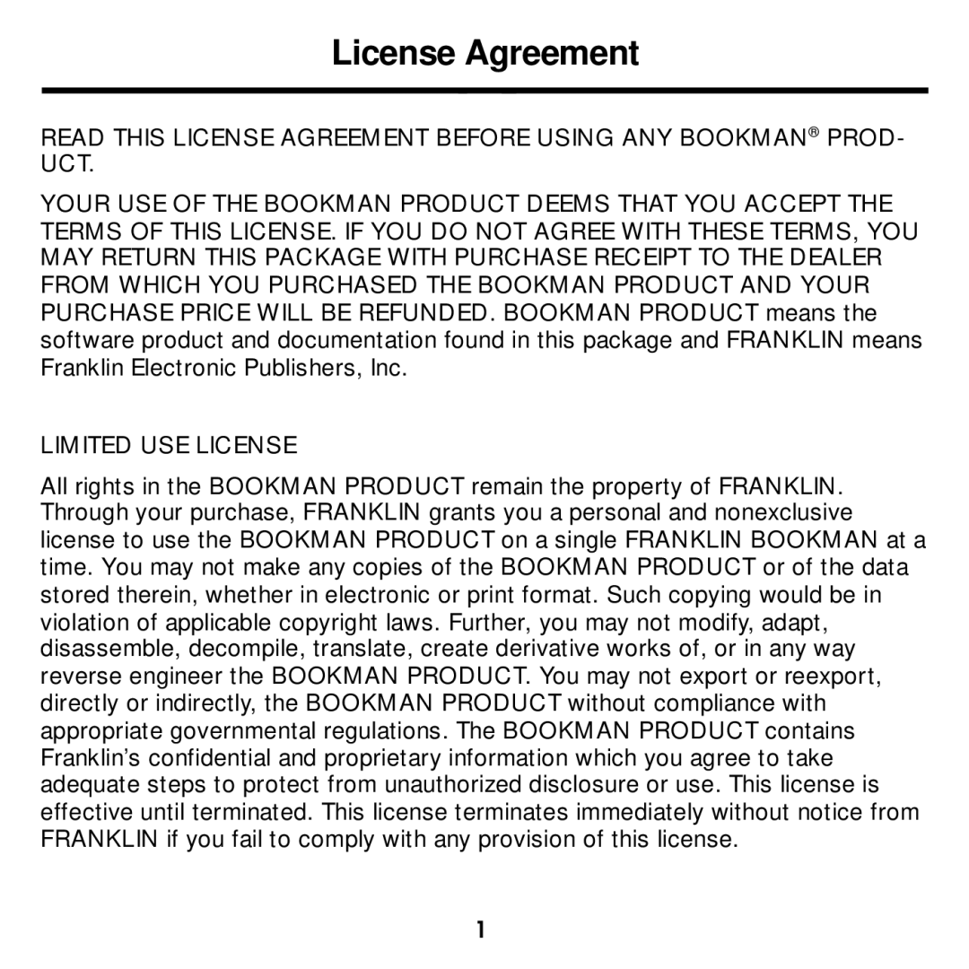 Franklin MWD-1440 manual License Agreement, Limited USE License 