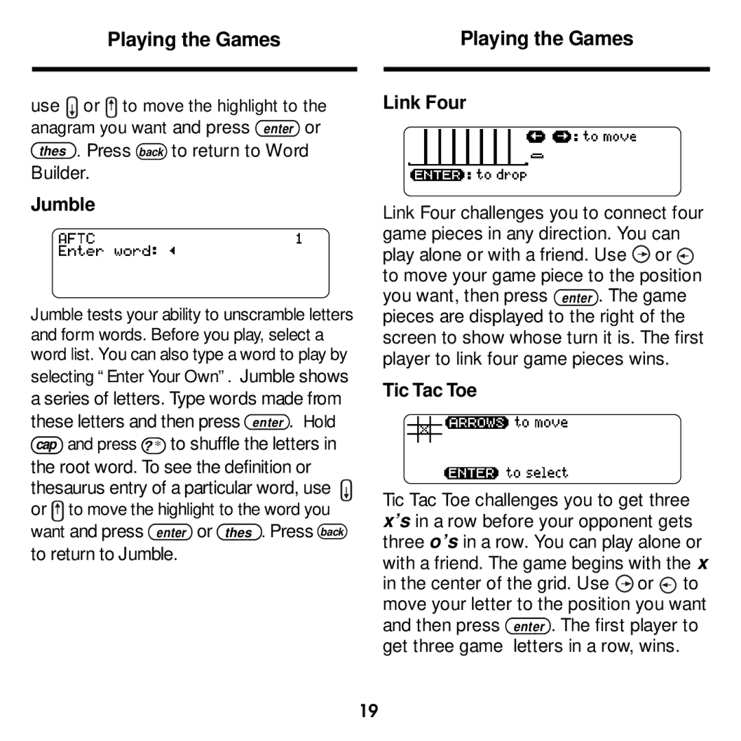 Franklin MWD-1440 manual Jumble, Link Four, Tic Tac Toe 