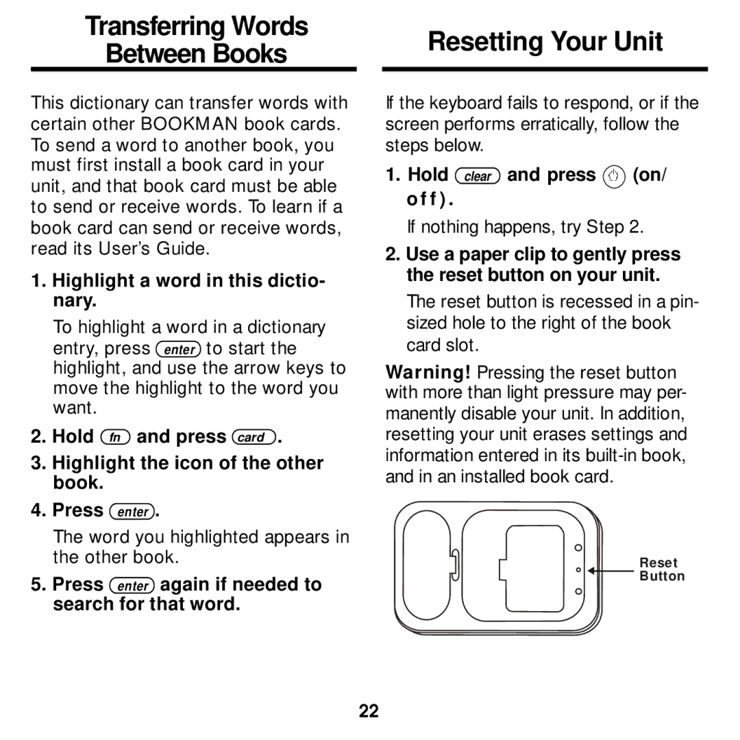 Franklin MWD-1440 manual Transferring Words Between Books, Resetting Your Unit, Highlight a word in this dictio- nary 