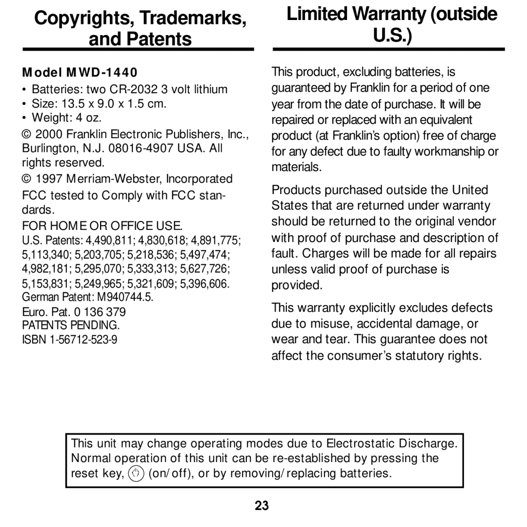 Franklin MWD-1440 manual Copyrights, Trademarks Patents, Limited Warranty outside 