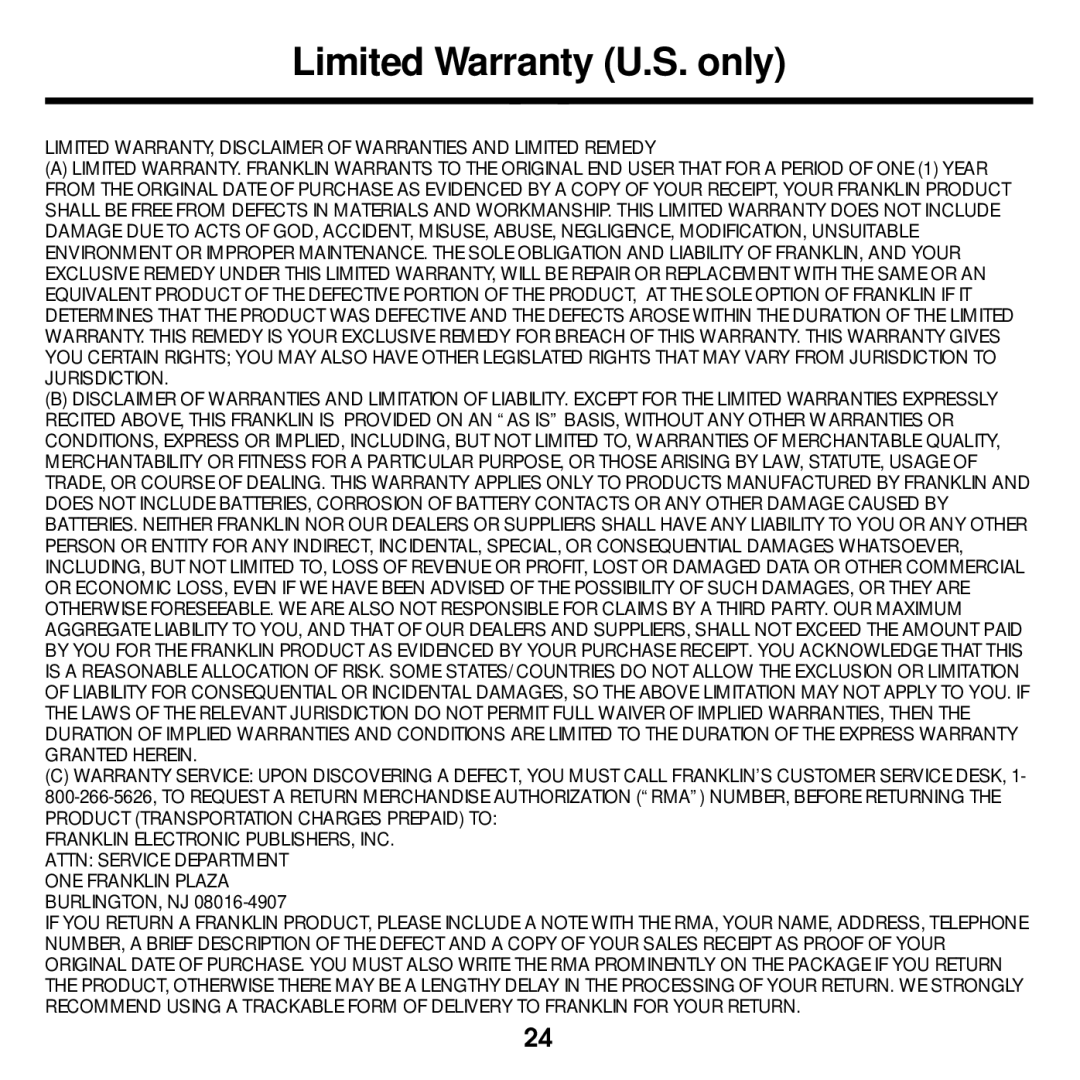 Franklin MWD-1440 manual Limited Warranty U.S. only 