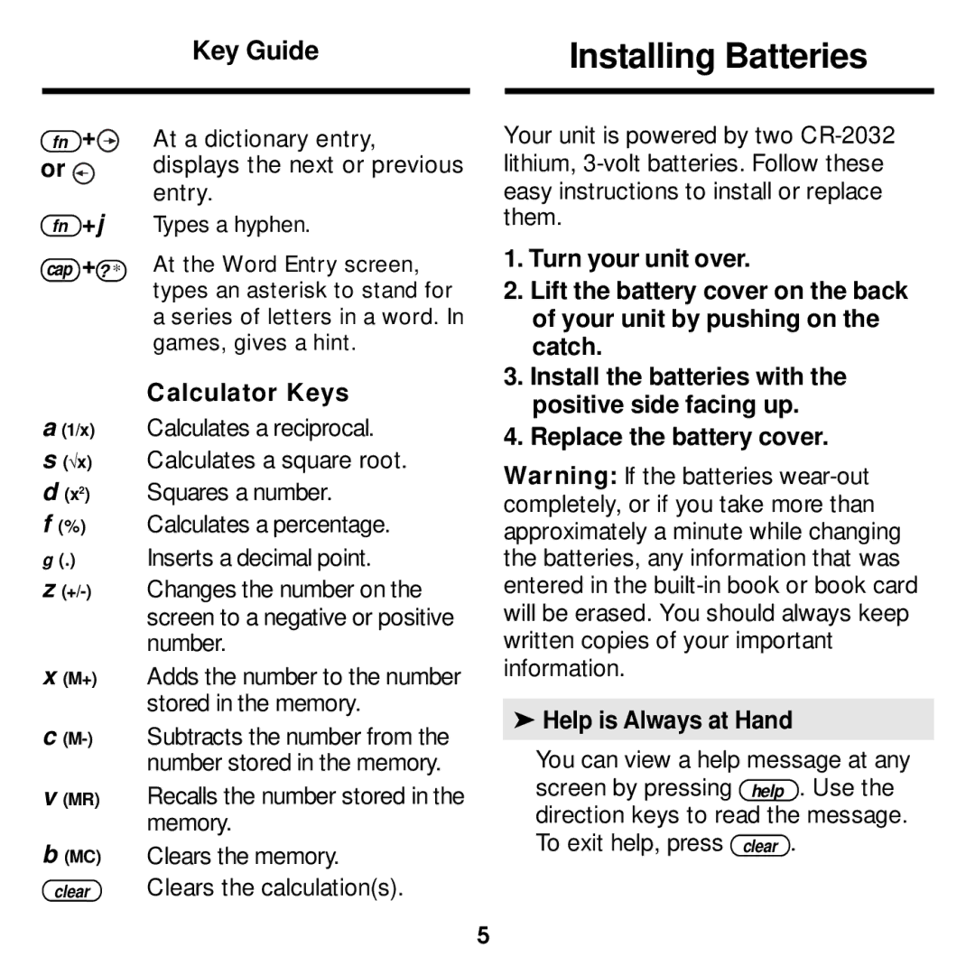 Franklin MWD-1440 manual Installing Batteries, Calculator Keys 