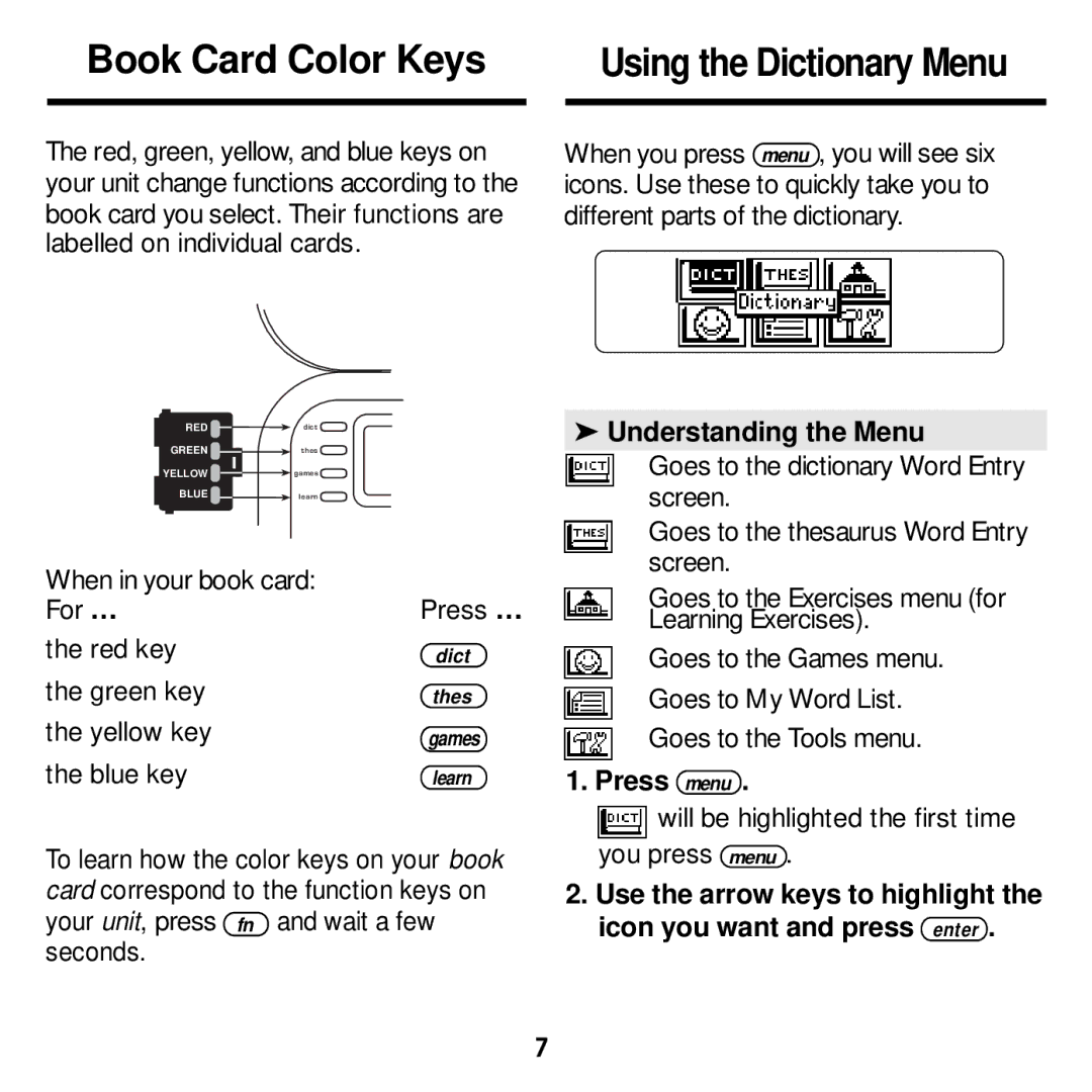 Franklin MWD-1440 manual Book Card Color Keys, Using the Dictionary Menu, Understanding the Menu, Press menu 