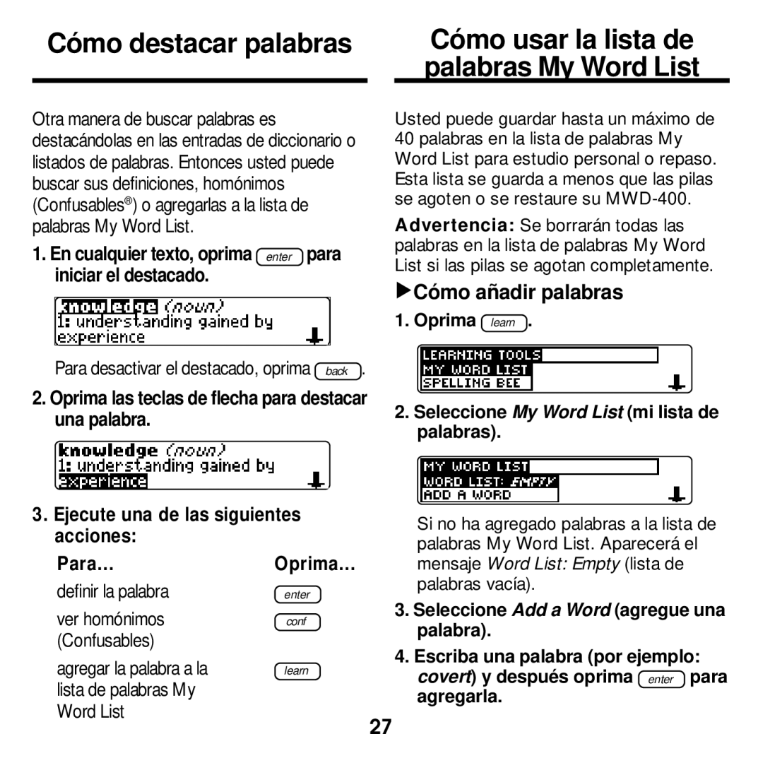 Franklin MWD-400 Cómo destacar palabras, Cómo añadir palabras, En cualquier texto, oprima enter para iniciar el destacado 