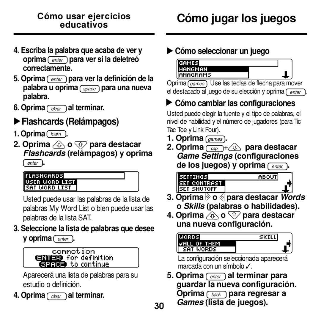 Franklin MWD-400 manual Cómo jugar los juegos, Flashcards Relámpagos, Cómo seleccionar un juego 