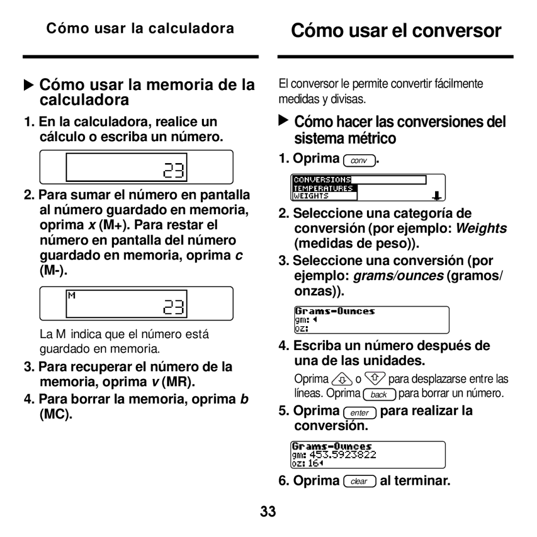 Franklin MWD-400 manual Cómo usar el conversor, Cómo usar la memoria de la calculadora, Para realizar la 