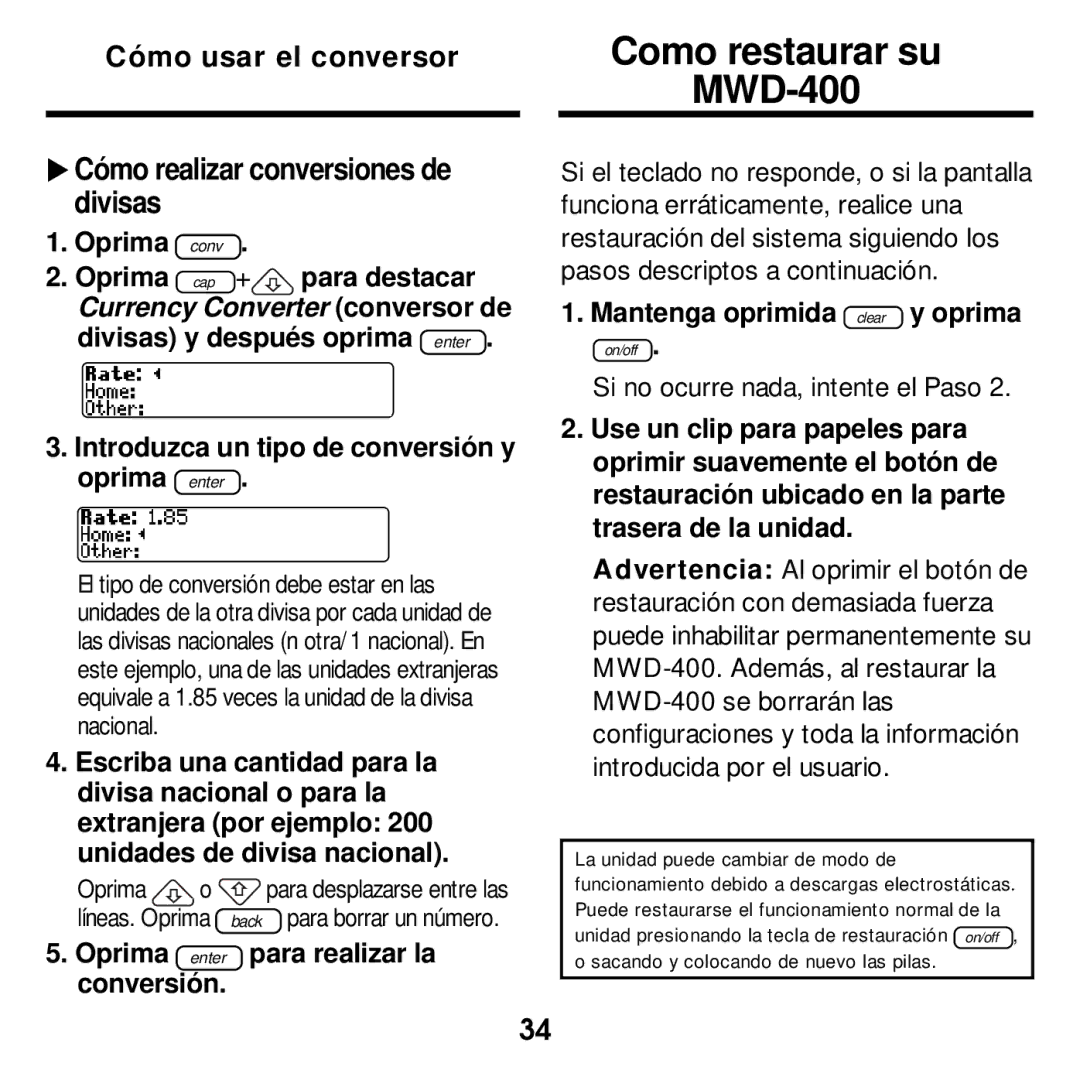 Franklin manual Como restaurar su MWD-400, Divisas, Introduzca un tipo de conversión y oprima enter, Conversión 