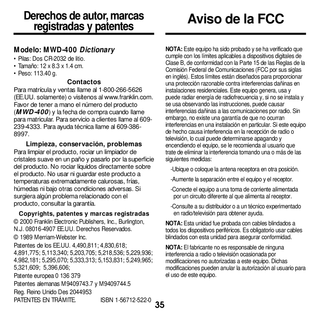 Franklin manual Registradas y patentes, Modelo MWD-400 Dictionary 