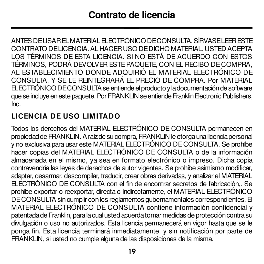 Franklin MWD-400 manual Contrato de licencia, Licencia DE USO Limitado 