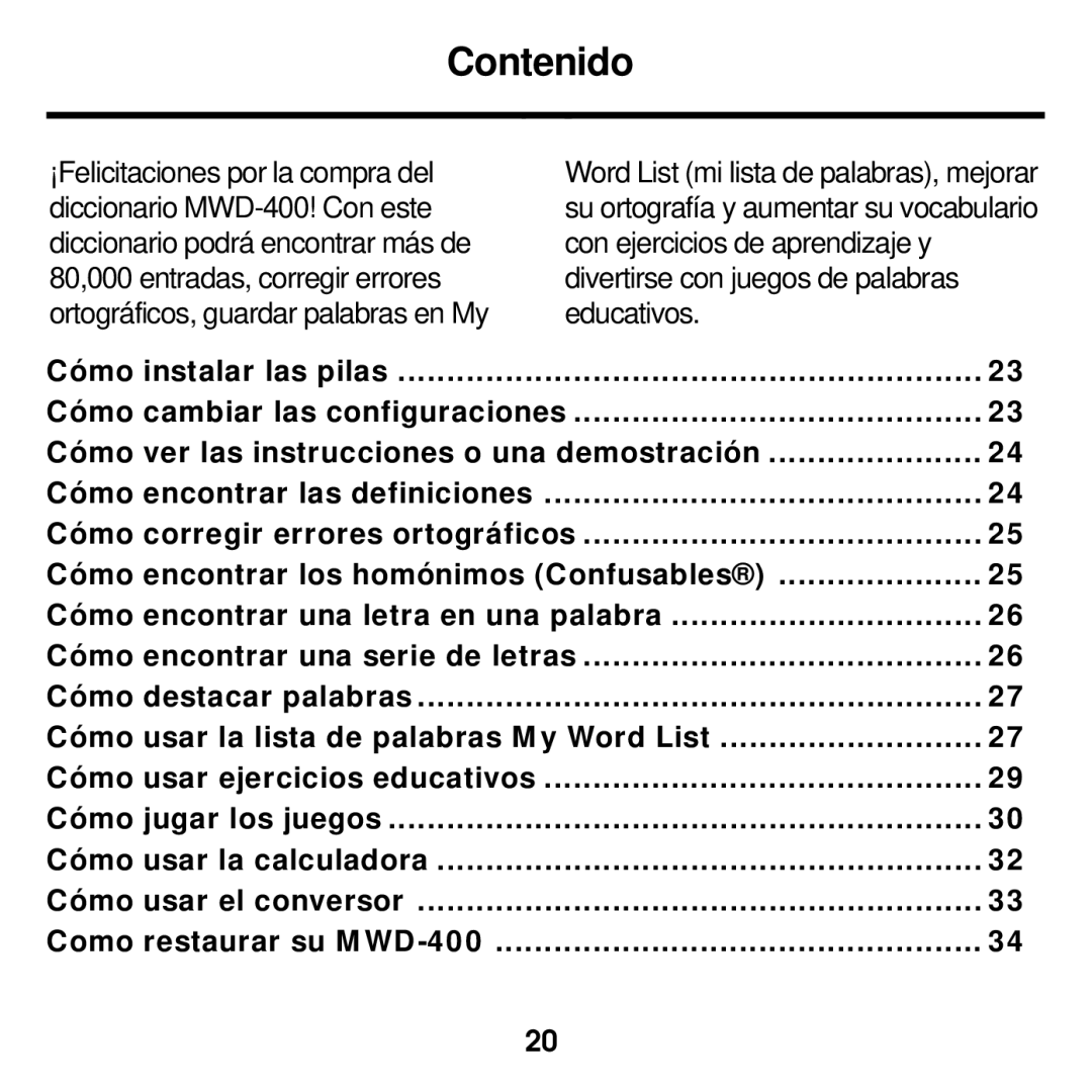 Franklin MWD-400 manual Contenido 