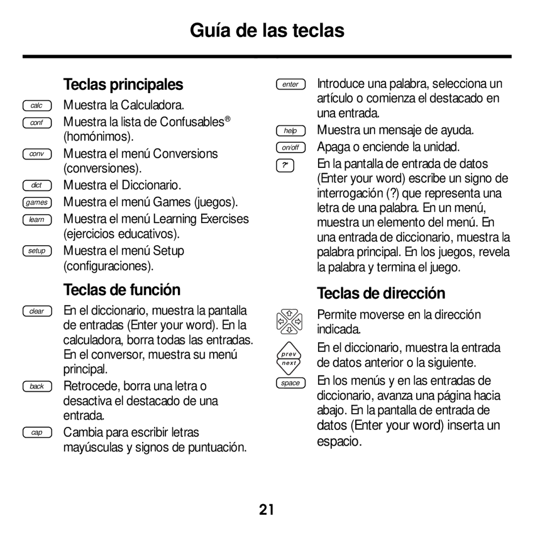 Franklin MWD-400 manual Guía de las teclas, Teclas principales, Teclas de función, Teclas de dirección 