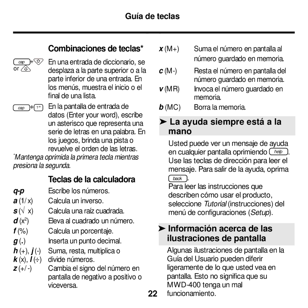 Franklin MWD-400 manual La ayuda siempre está a la mano, Guía de teclas Combinaciones de teclas, Teclas de la calculadora 