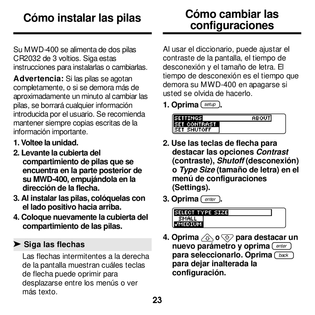 Franklin MWD-400 Cómo instalar las pilas Cómo cambiar las Configuraciones, Voltee la unidad, Para seleccionarlo. Oprima 