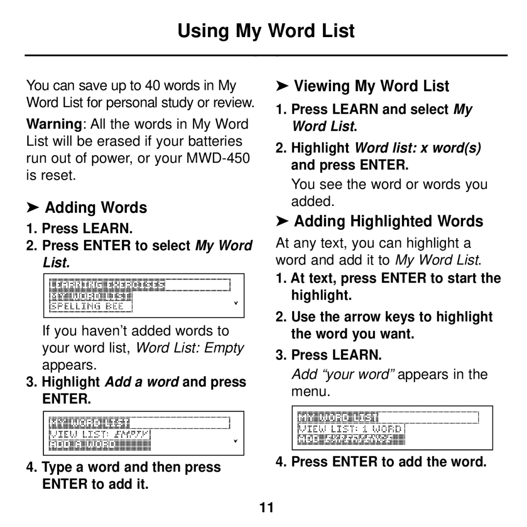 Franklin MWD-450 manual Using My Word List, Adding Words, Viewing My Word List, Adding Highlighted Words 