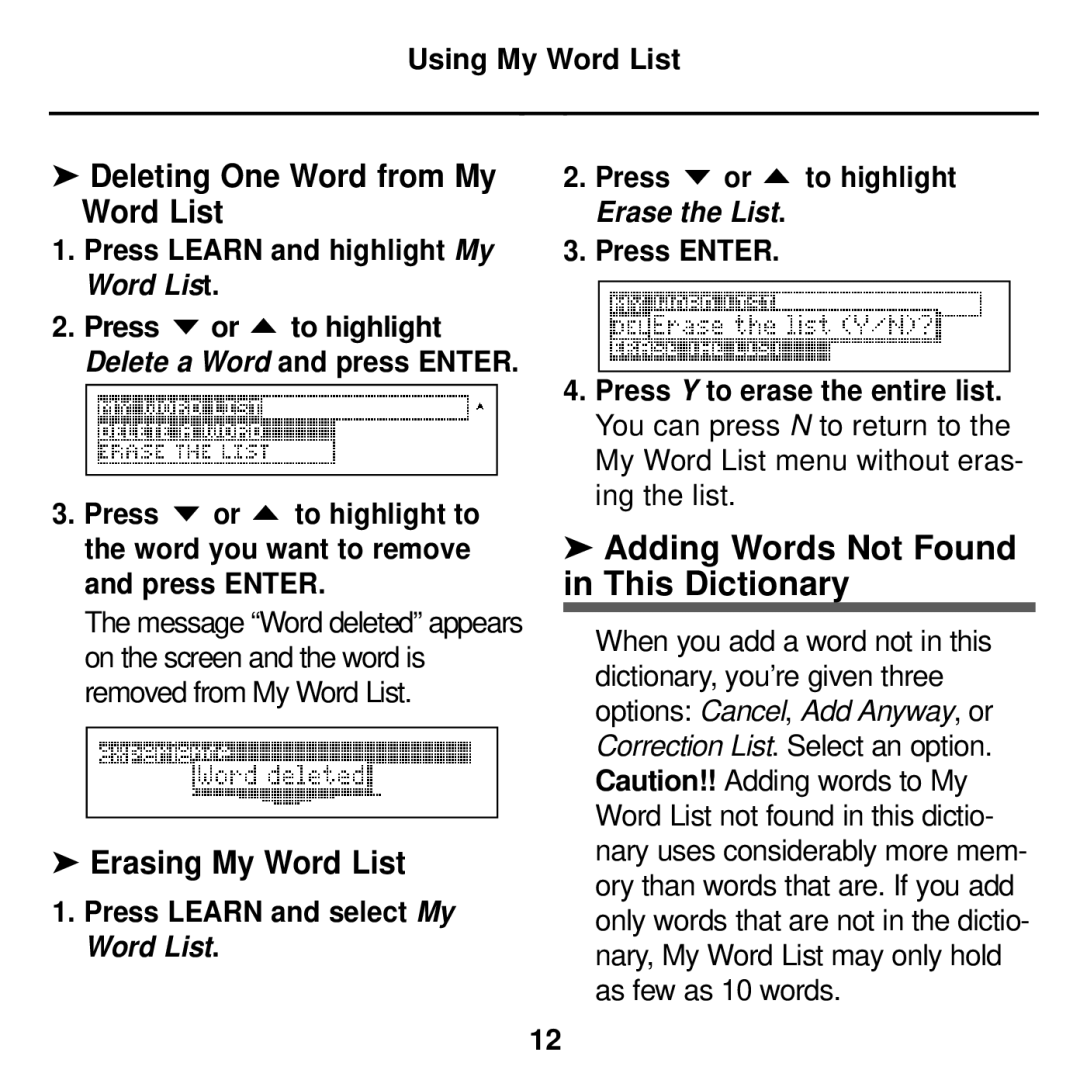 Franklin MWD-450 Adding Words Not Found in This Dictionary, Deleting One Word from My Word List, Erasing My Word List 