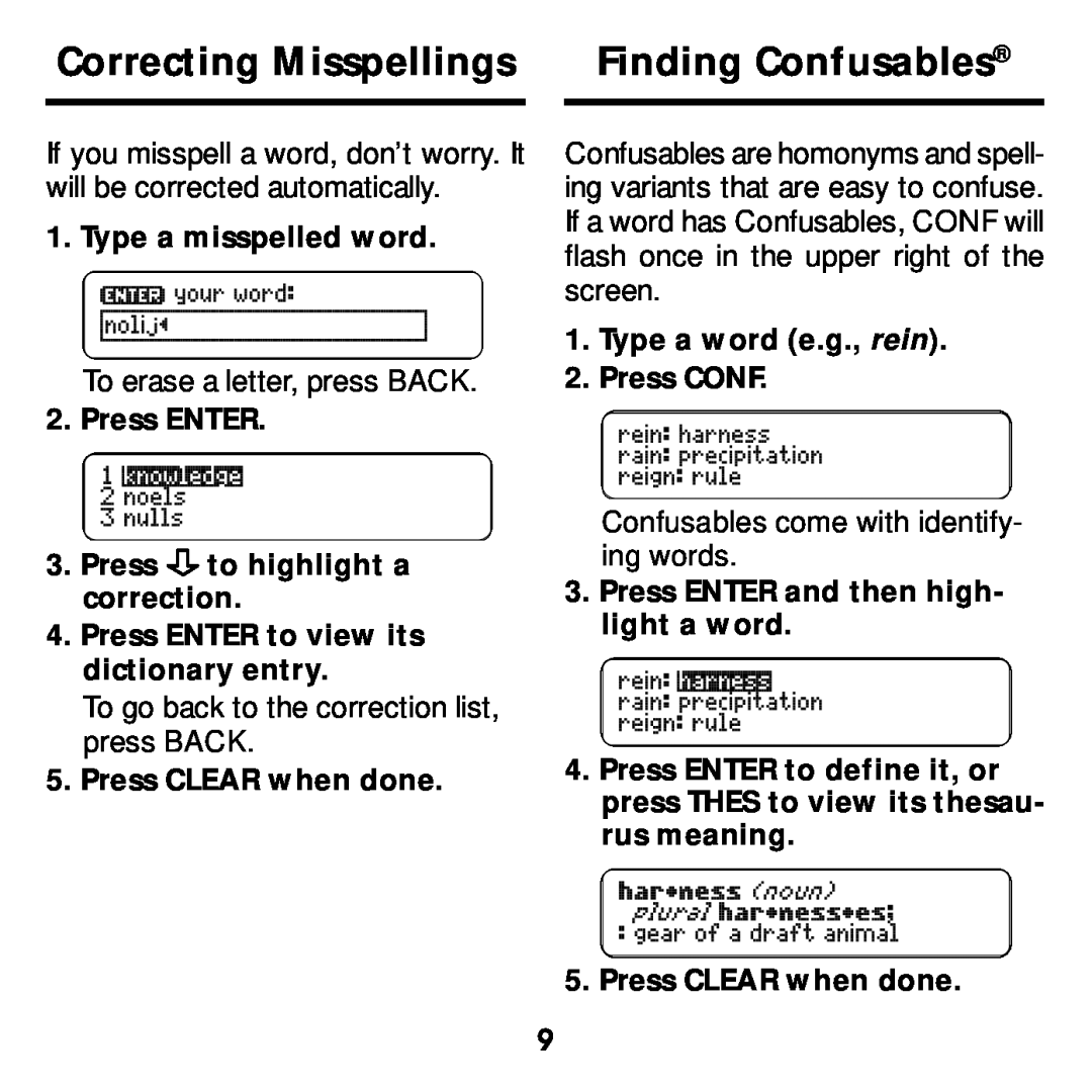Franklin MWD-640 manual Correcting Misspellings, Finding Confusables, Type a misspelled word, Press CLEAR when done 