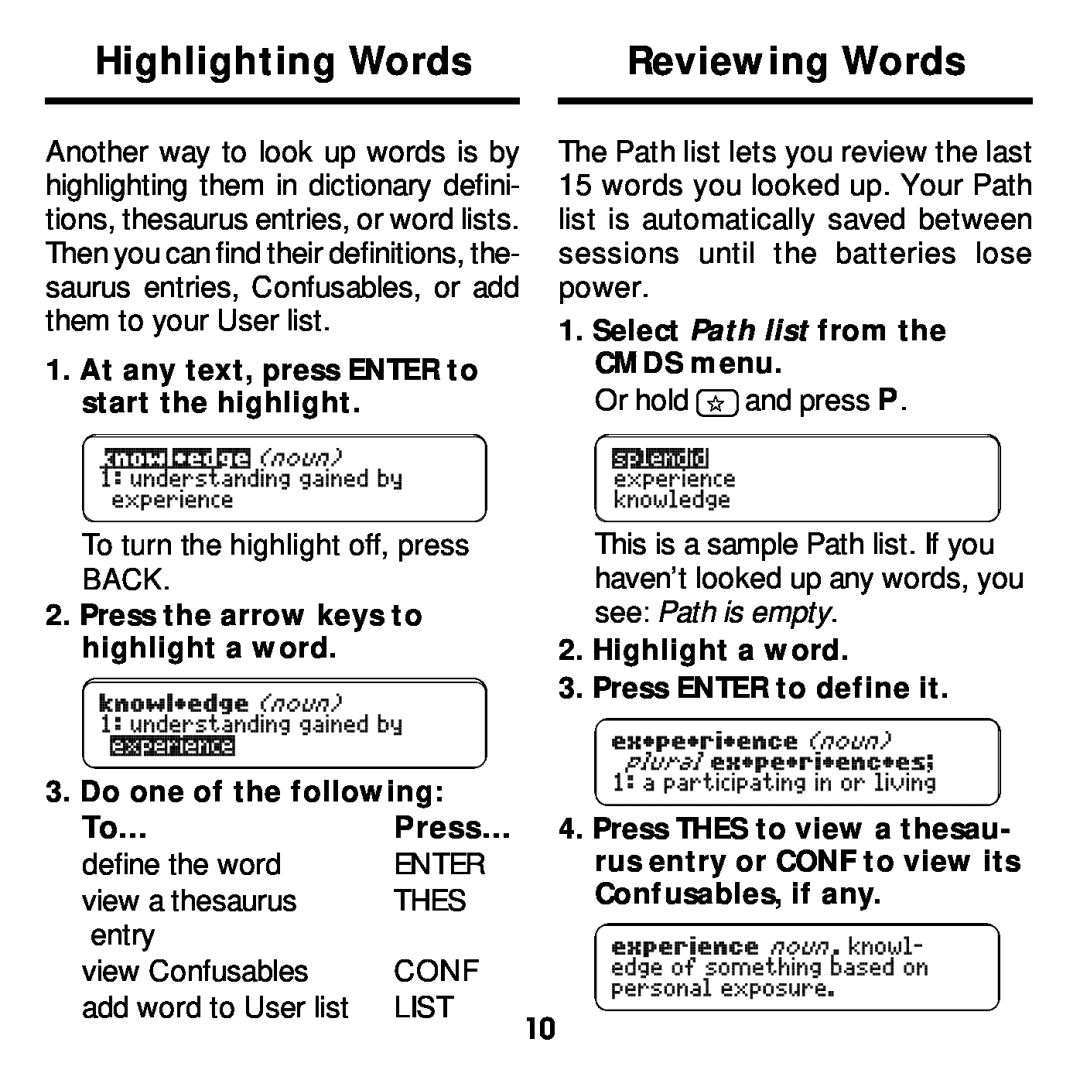 Franklin MWD-640 manual Highlighting Words, Reviewing Words, Press 