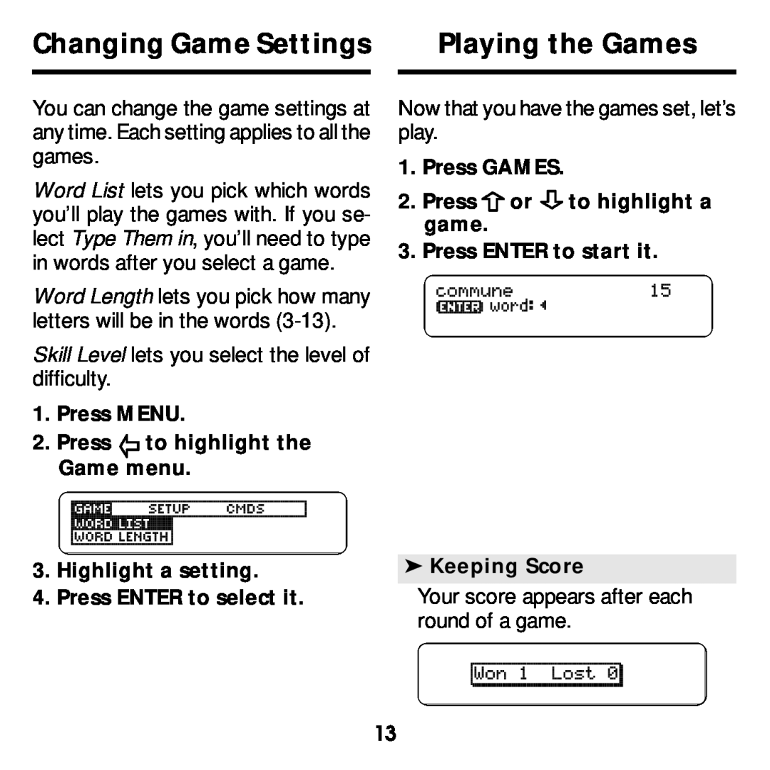 Franklin MWD-640 manual Changing Game Settings, Playing the Games 