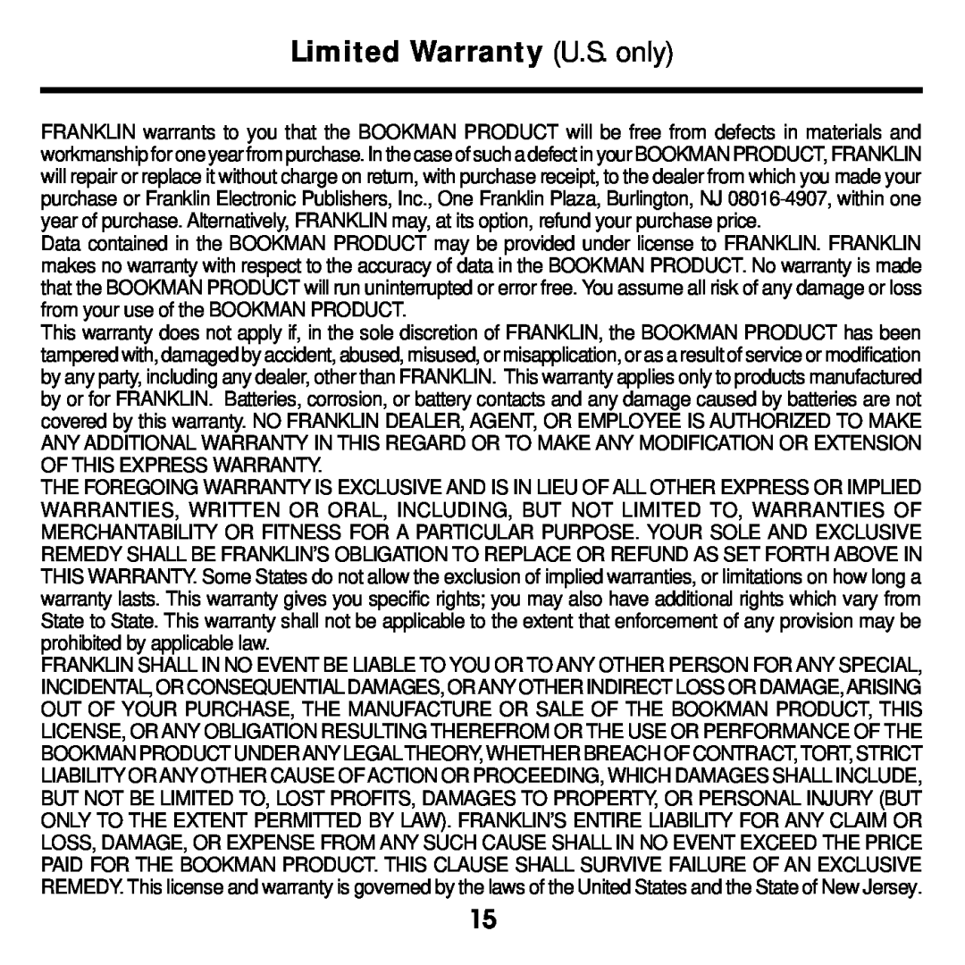 Franklin MWD-640 manual Limited Warranty U.S. only 