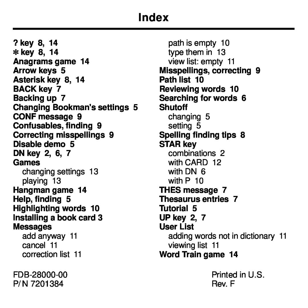 Franklin MWD-640 manual Index, FDB-28000-00, Rev. F 