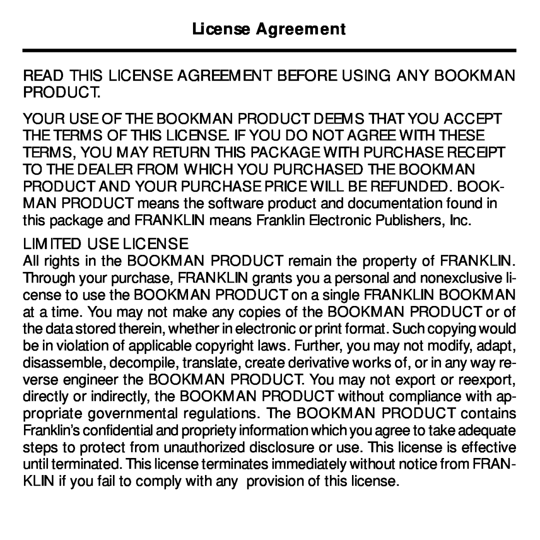 Franklin MWD-640 manual Read This License Agreement Before Using Any Bookman Product, Limited Use License 