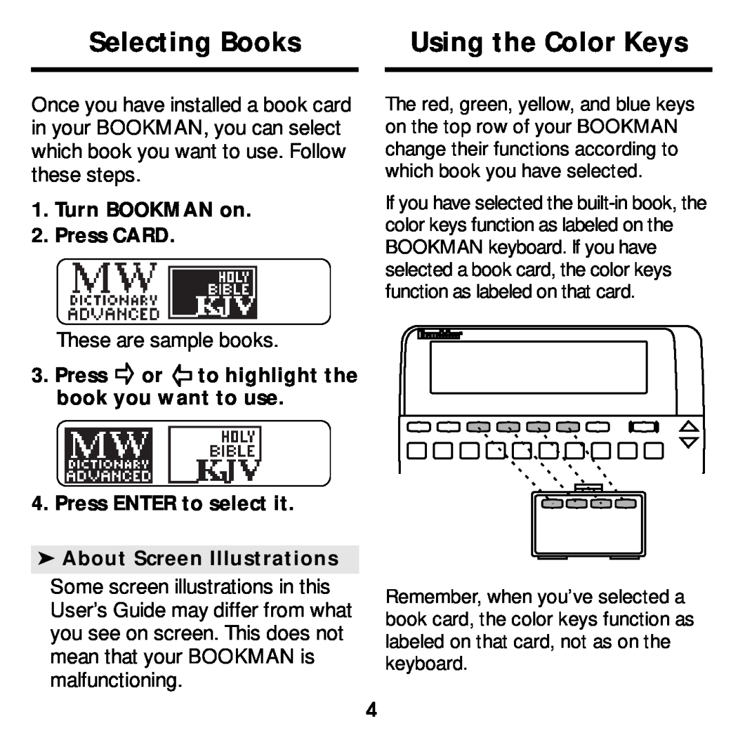 Franklin MWD-640 manual Selecting Books, Using the Color Keys 