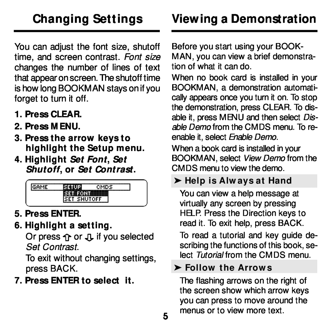 Franklin MWD-640 manual Changing Settings, Viewing a Demonstration, Set Contrast, Press CLEAR, Press MENU, Press ENTER 