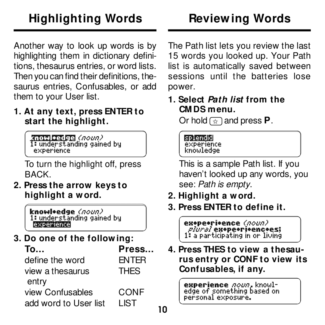 Franklin MWD-640 manual Highlighting Words Reviewing Words, Press 