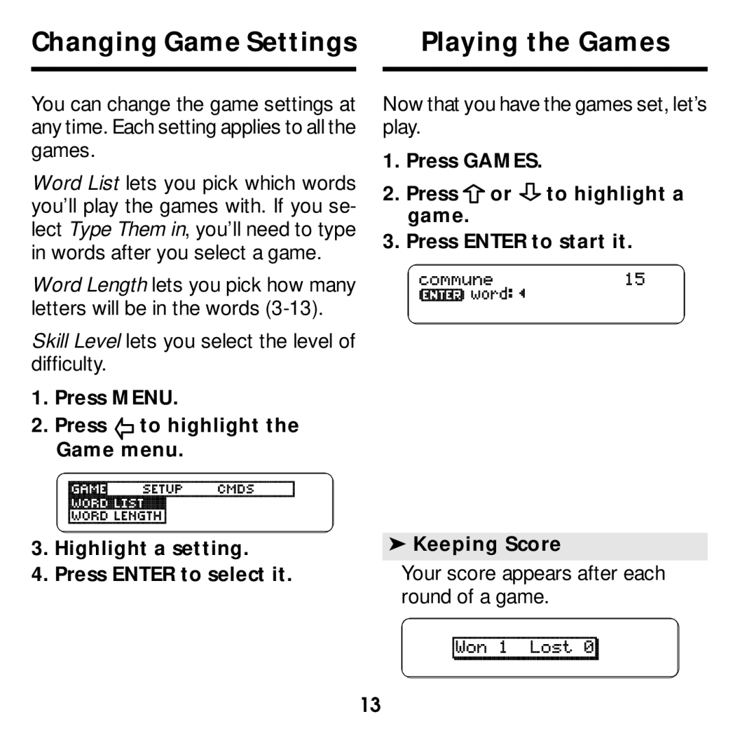 Franklin MWD-640 manual Changing Game Settings Playing the Games, Skill Level lets you select the level of difficulty 