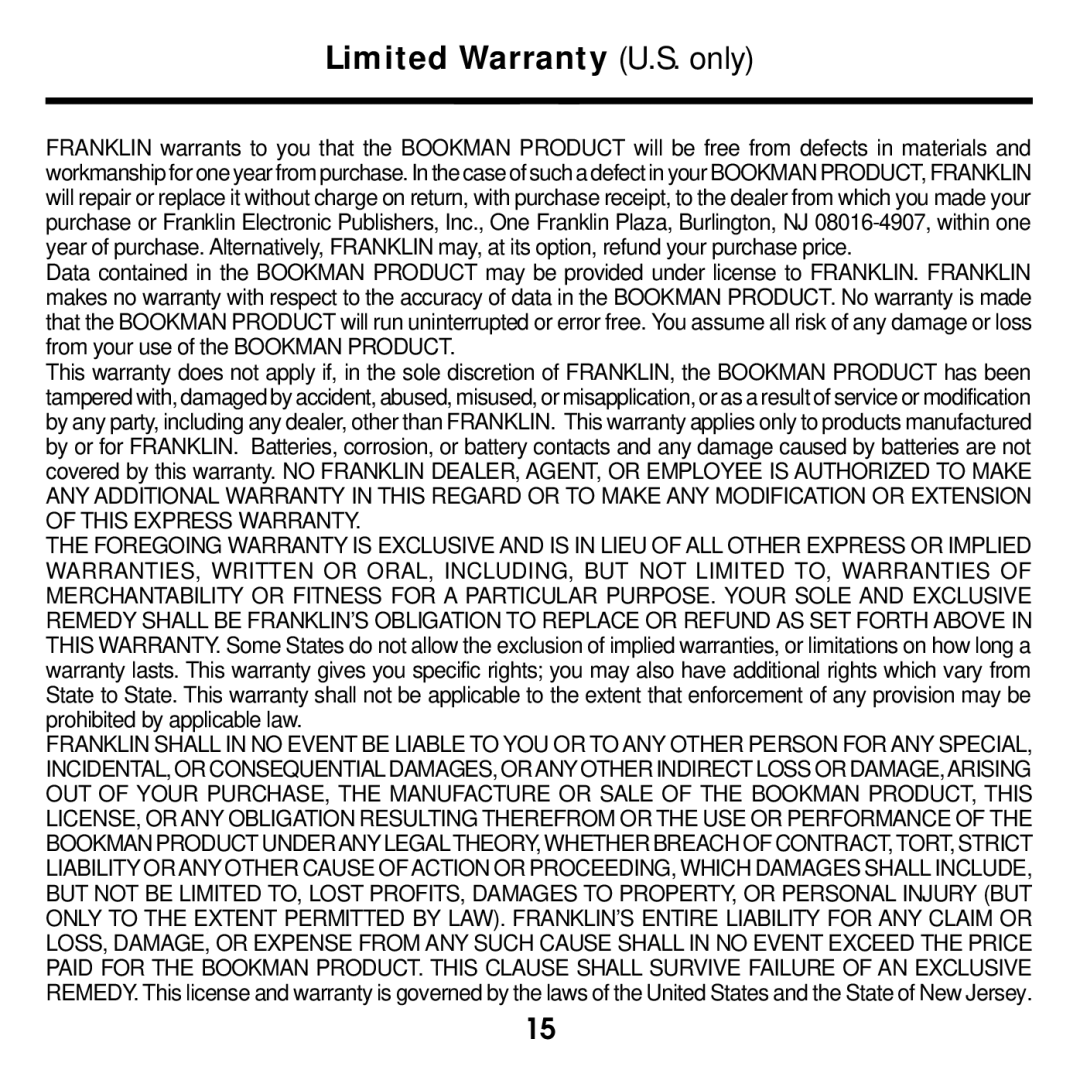 Franklin MWD-640 manual Limited Warranty U.S. only 